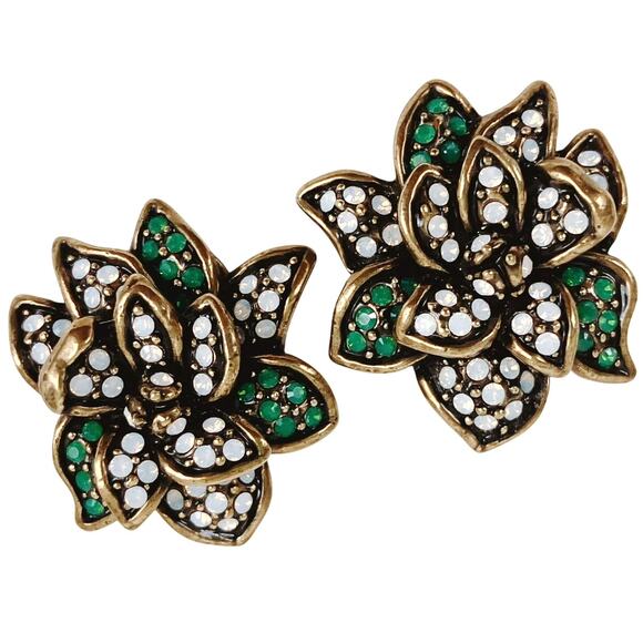 Vintage Signed Heidi Daus Gold Tone Green Crystal Floral Clip-On Earrings - Picture 1 of 10